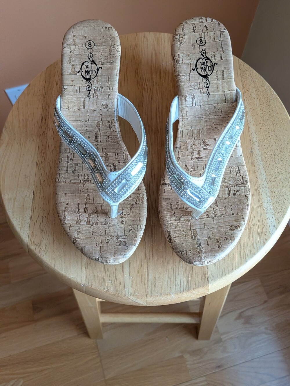 Sole Mates Women's Cork Footbed Rhinestone Thong Sandals - White Size 8